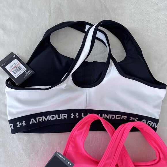 Under Armour Sports Bra Lot Women 2X Cross Back Mid Print Black Pink Compression - Picture 4 of 10